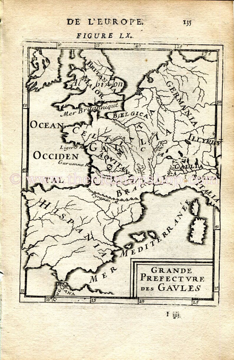Italy Spain Antique Map Print Engraving France Germany 1683 Manesson Mallet Grande Prefecture des Gaules Territory of the Gaules
