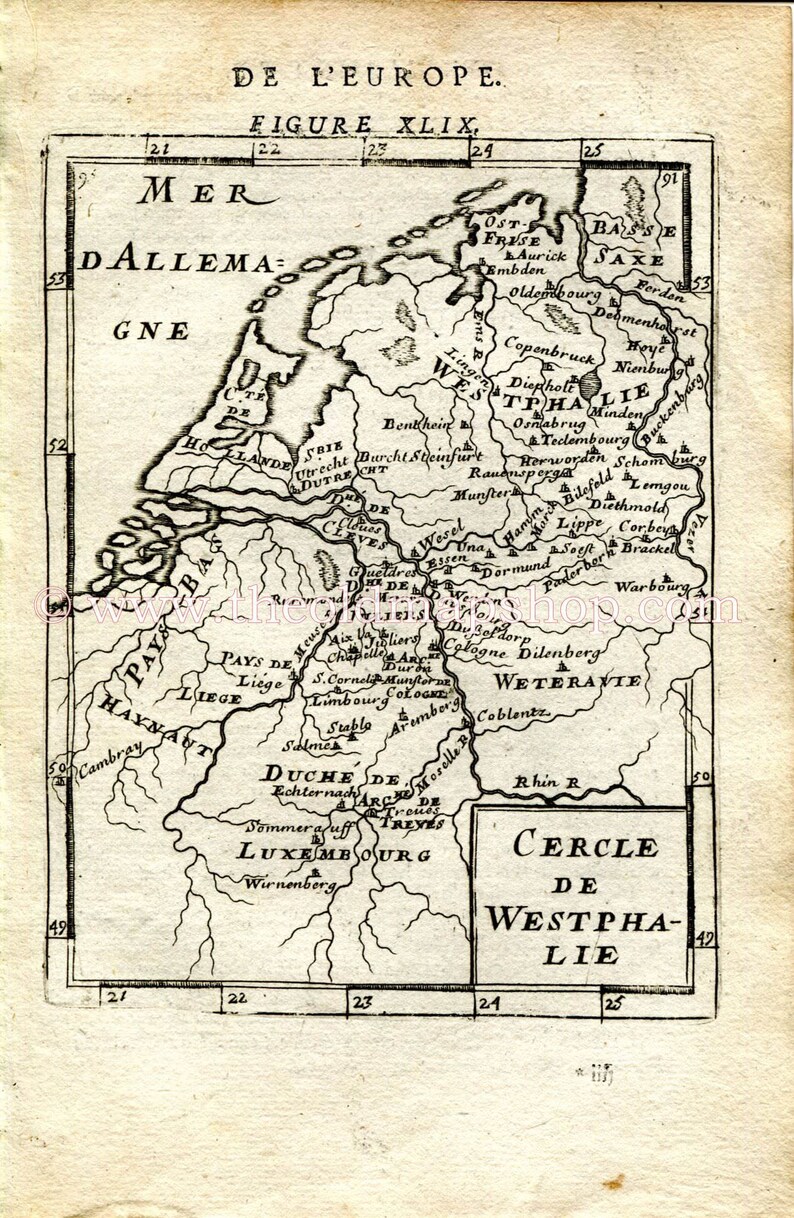 Munster Osnabruck Germany Belgium Utrecht 1683 Manesson Mallet Cercle de Westphalie Netherlands Antique Map Print Engraving Leige