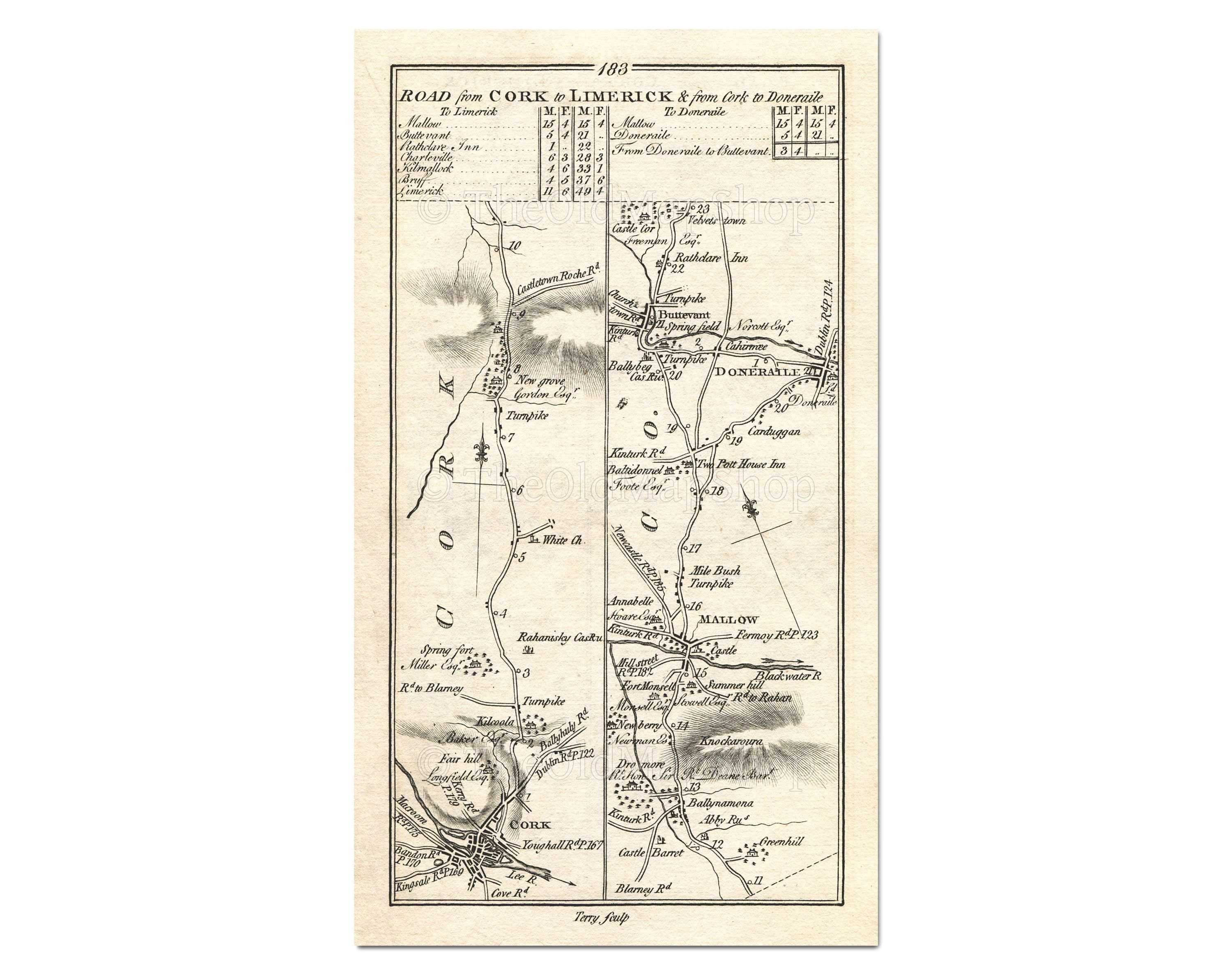 Antique Ireland Road Map Cork Mallow Ballynamona Etsy Ireland