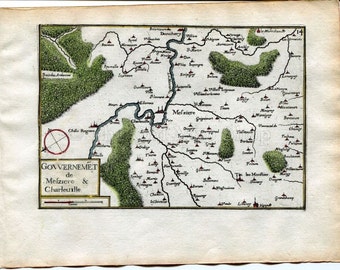 1634 Nicolas Tassin Map Charleville Mezieres, Donchery, Ardennes, Champagne Ardenne, France Antique