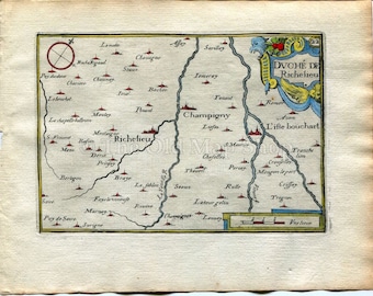 1634 Nicolas Tassin Map Richelieu, Champigny sur Veude, L'Ile Bouchard, Indre et Loire, Centre, France Antique Carte