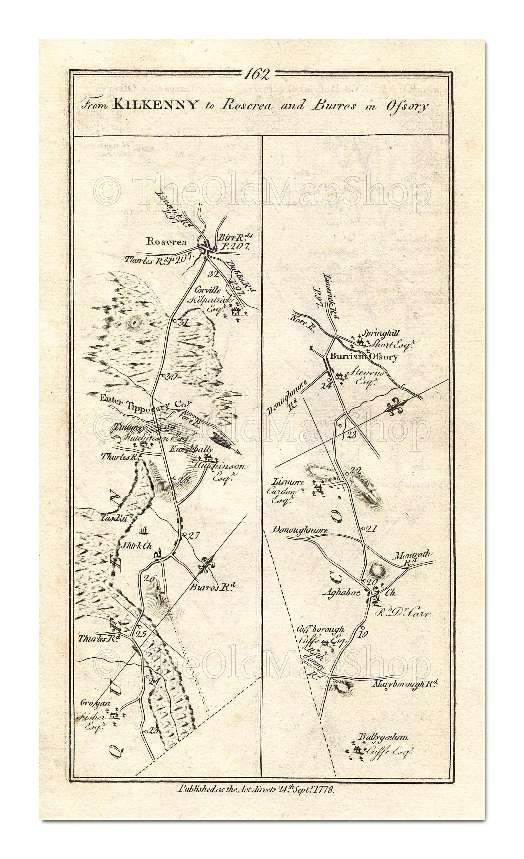 Antique Ireland Road Map Roscrea Offaly Tipperary - Etsy