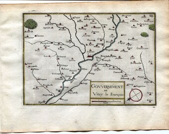 1634 Nicolas Tassin Map Vitry le Francois, Pogny, Vitry la Ville, Marne, Champagne Ardenne, France Antique