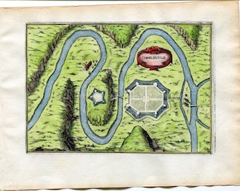 1634 Nicolas Tassin Charleville Mezieres, Map, Fortifications, Fort, Ardennes, Champagne Ardenne, France Antique