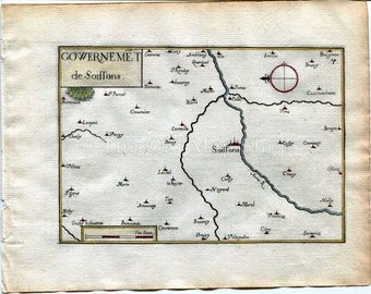 1634 Nicolas Tassin Map Soissons, Cuffies, Crouy, Courmelles, Aisne, Picardy, France, Antique