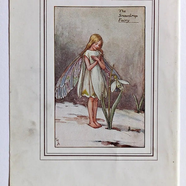 Snowdrop Flower Fairy Vintage Print 1930's Cicely Mary Barker, Spring Fairy, Book Plate, Nursery Decor, Wall Art, Decoration.