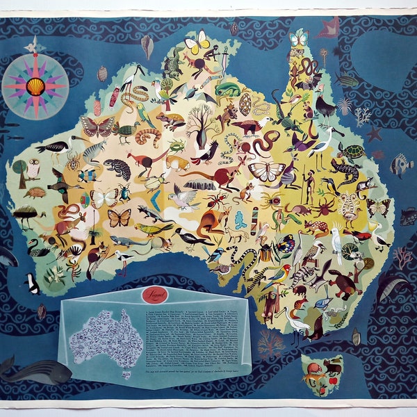 Rare c.1940-1950 George Santos, Decorative Animals, Fauna of Australia Pictorial Map, Poster. Published by Shell Oil