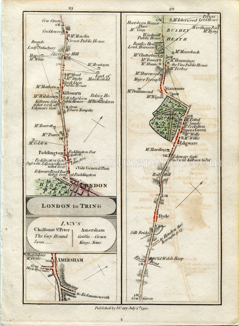 London Cricklewood 1790 John Cary Antique Road Map 1920 Amersham Bushey Heath Paddington Kilburn Edgeware Stanmore The Hyde