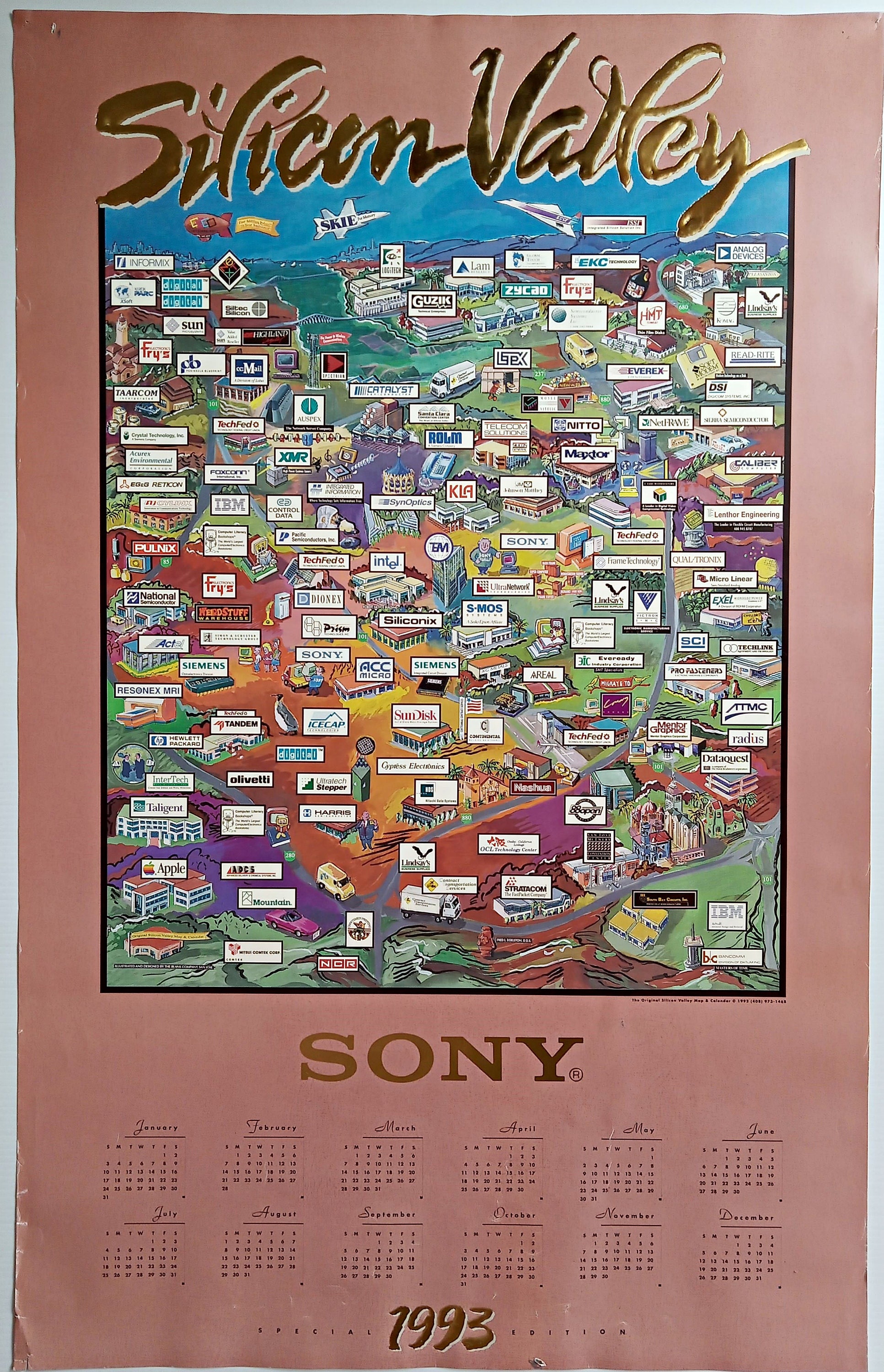 Rare 1992 SONY Silicon Valley Pictorial Map & Calendar