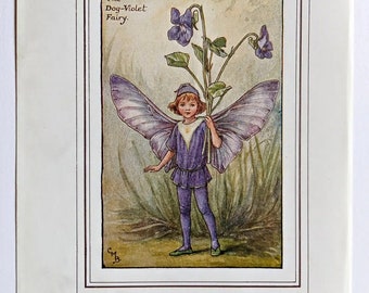 Dog-Violet Flower Fairy Vintage Print 1930's Cicely Mary Barker, Spring Fairy, Book Plate, Nursery Decor, Wall Art, Decoration.