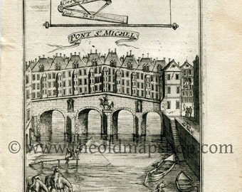 1702 Manesson Mallet Antique Print, Engraving - Pont Saint-Michel, River Seine Bridge, Paris, France - No.54