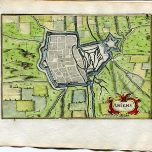 1634 Nicolas Tassin Amiens, Map, Plan, Fort, Fortifications, Somme, Picardy, France Antique image 1