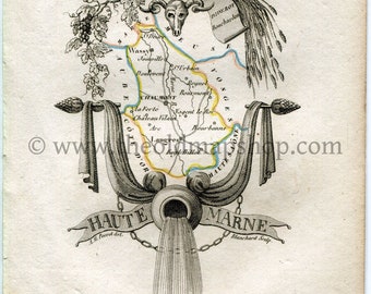 1823 Perrot Map of Haute-Marne, France, Antique Map, Print. Outline Original Hand Colouring.