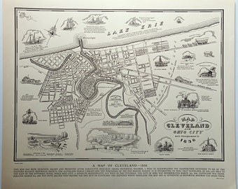 1937 Arthur Suchy Pictorial Map of Cleveland and Ohio City Incorporated in 1836