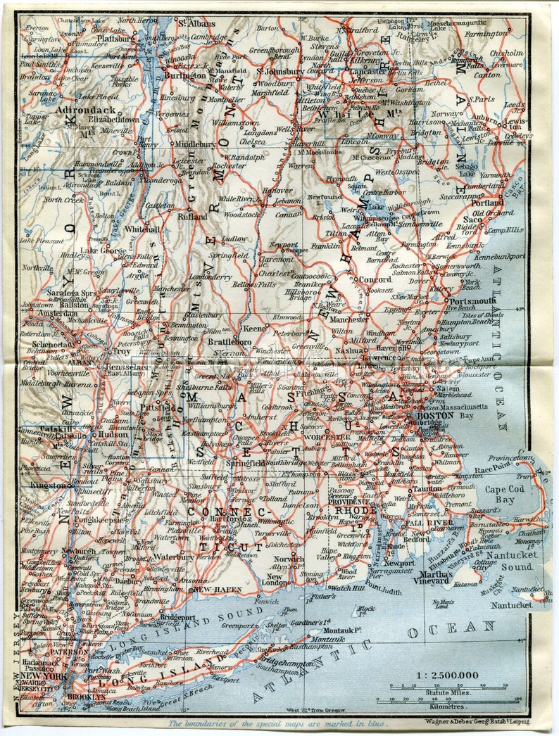 New Hampshire Rhode Island Boston Massachusetts Antique Map 1909 New York Print Long Island