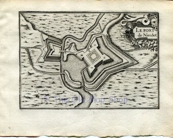 1634 Nicolas Tassin Map Le Fort de Nieulet, Calais France Antique