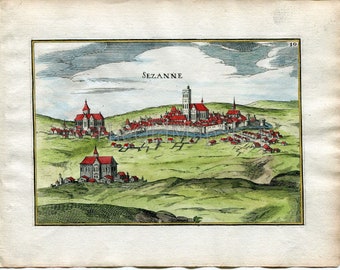 1634 Nicolas Tassin Antique Print, Bird's-eye View Sezanne, Marne, France Carte, Map