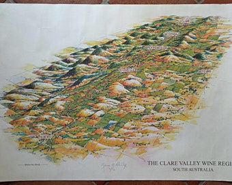 Rare Clare Valley Wine Region, Vineyard, Wineries, South Australia Map, Print Limited Ed. No. 73/100 by George Grainger Aldridge