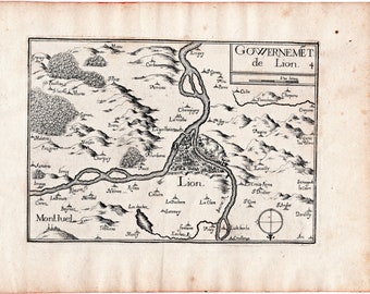 1634 Nicolas Tassin Map Lyon, Montluel, Rhone Alpes, France Rare Antique