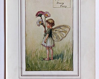 Daisy Flower Fairy Vintage Print 1930's Cicely Mary Barker, Spring Fairy, Book Plate, Nursery Decor, Wall Art, Decoration.