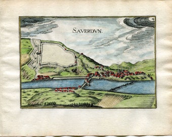 1634 Nicolas Tassin Antique Print, Bird's-eye View Saverdun, Ariege, France Carte, Map