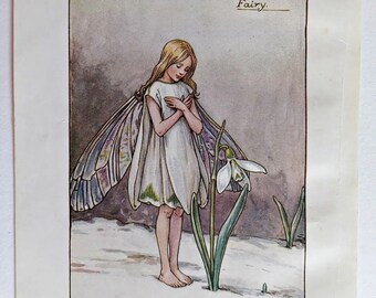 Snowdrop Flower Fairy Vintage Print 1930's Cicely Mary Barker, Spring Fairy, Book Plate, Nursery Decor