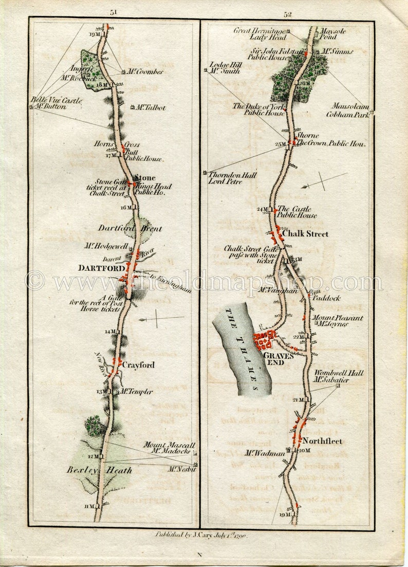 Stone Northfleet Gravesend 1790 John Cary Antique Road Map 5152 Bexleyheath Shorne Crayford Chalk Dartford