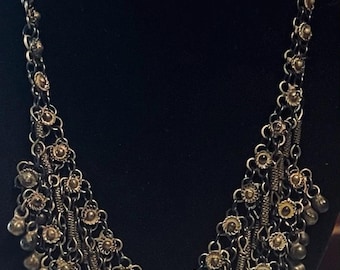 Vintage Boho Statement Necklace Brass Tone Floral Dangles Hippie Festival Belly Dance