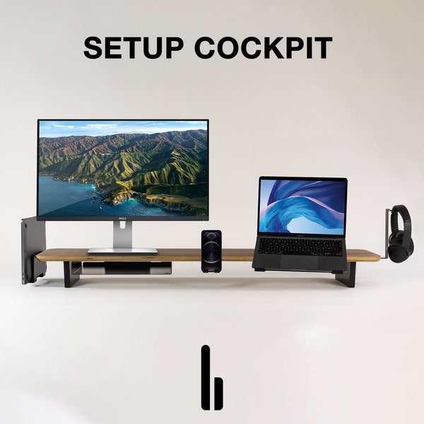 SETUP COCKPIT rialzo monitor supporto monitor grande in legno realizzato con mensola porta monitor da scrivania in vero noce o rovere