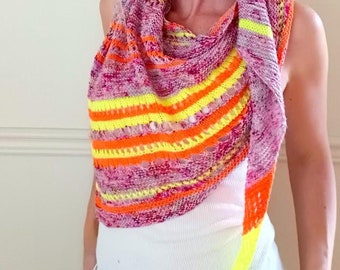 Knitted Lace Shawl, Handmade Lace Shawl, Pink Yellow Orange Shawl, Asymetric Shawl, Ready to Ship