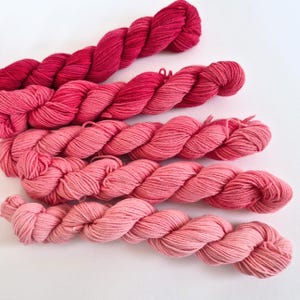 Könnte beinhalten: Vier Stränge Garn in verschiedenen Rosa- und Rottönen. Das Garn ist fest gewickelt und wirkt weich, mit Farben von tiefem Karmesinrot bis blassem Rosa. Die Stränge sind diagonal vor einem weißen Hintergrund angeordnet und zeigen die Farbvariationen.