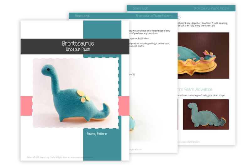 Dinosaur Pattern Bundle, PDF Sewing Pattern, Brontosaurus T-Rex and Stegosaurus Sewing Pattern Set image 5