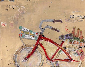 Pizza y cerveza, red Bike Print en lienzo