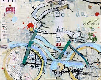 Take Me Home – Impresión de bicicleta de crucero azul sobre lienzo con flores.