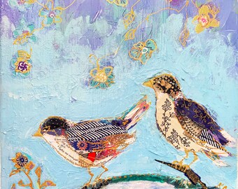 Blue Song Birds with Collage, an Original Painting