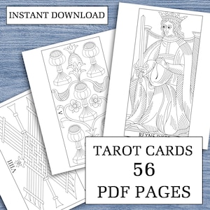 Coloriez votre propre livre de coloriage imprimable tarot de Marseille 56 dessins imprimables à la main, pages à colorier des arcanes mineurs PDF NUMÉRIQUE
