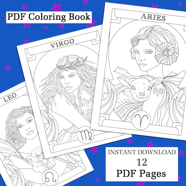 Color your own Zodiac Signs 12 Printable Handmade Drawings Coloring Pages Printable Tarot Coloring Book Astrological Horoscope  Oracle PDF