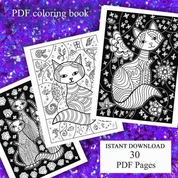 Cat Coloring Book 30 Printable Handmade Drawings Cat Coloring Pages PDF Digital Fab Cat Adult Cat Coloring Book Animal Coloring Pages Cats