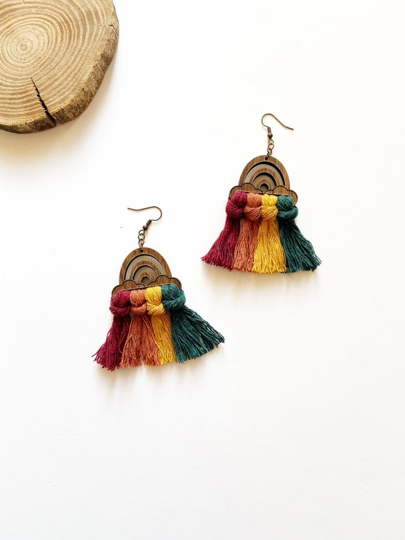 Two-Tone Wooden Macrame Rainbow Earrings I Boho Earrings