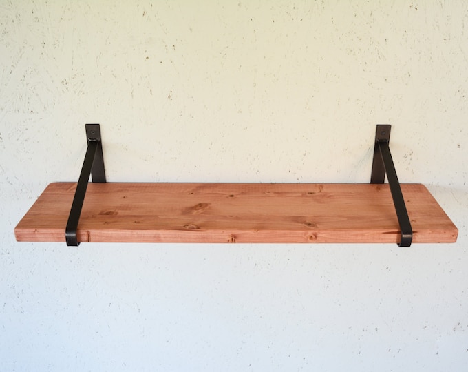 Rustic Wood Shelf with Steel Brackets - 32" x 8" - Redwood Shelf - Newest Design Brackets - Dark Brass Brackets - Home Shelving