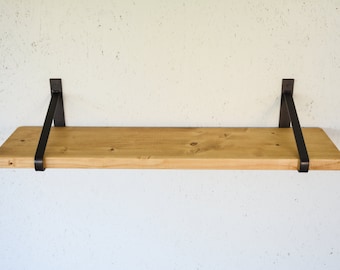 Rustic Wood Shelf with Steel Brackets - 32" x 8" - Light Oak Shelf - Newest Design Brackets - Dark Brass Brackets - Home Shelving