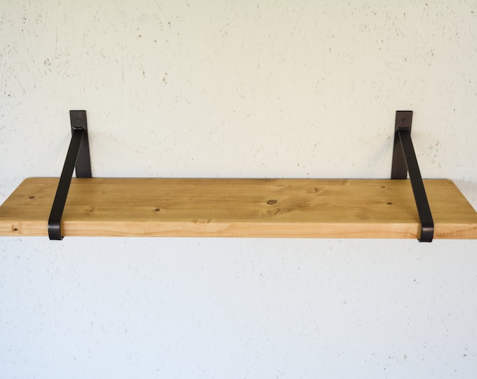 Rustic Wood Shelf with Steel Brackets - 32" x 8" - Light Oak Shelf - Newest Design Brackets - Dark Brass Brackets - Home Shelving