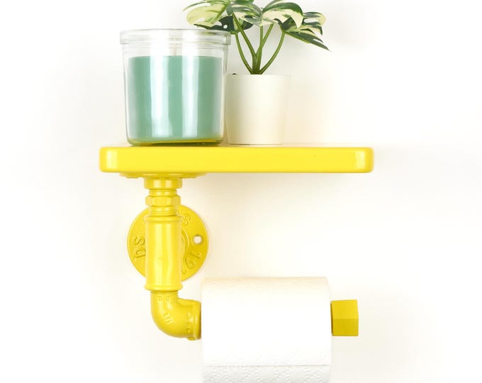 Colorful Toilet Paper Roll Holder with Shelf, Modern Design Perfect for Practical Bathroom Decor, Color Pictured - Yellow Gloss