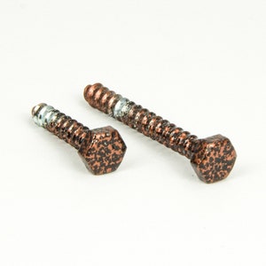 Könnte beinhalten: Zwei kupferfarbene Schrauben mit sechseckigen Köpfen. Die Schrauben haben eine gesprenkelte Oberfläche und sind unterschiedlich lang.