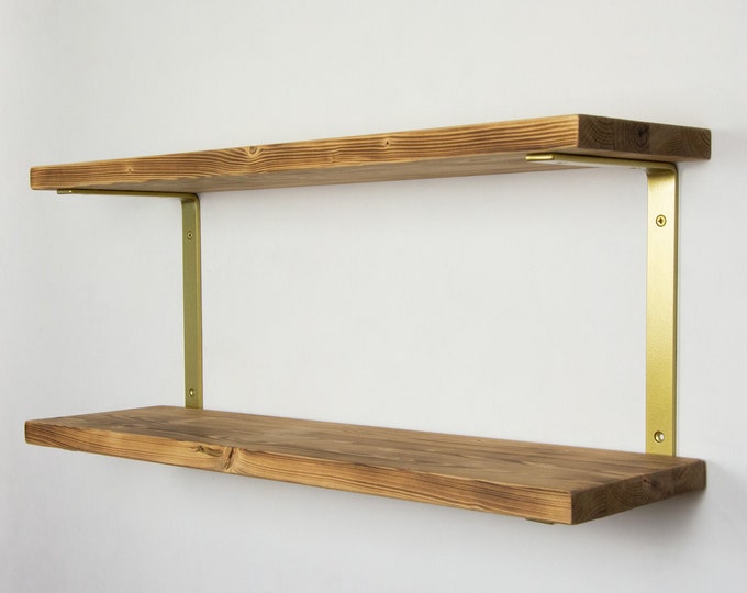 Shelf Brackets With Shelves -  Gold/Brass Color - Floating Shelves  - Industrial Shelf Brackets - Shelving Unit