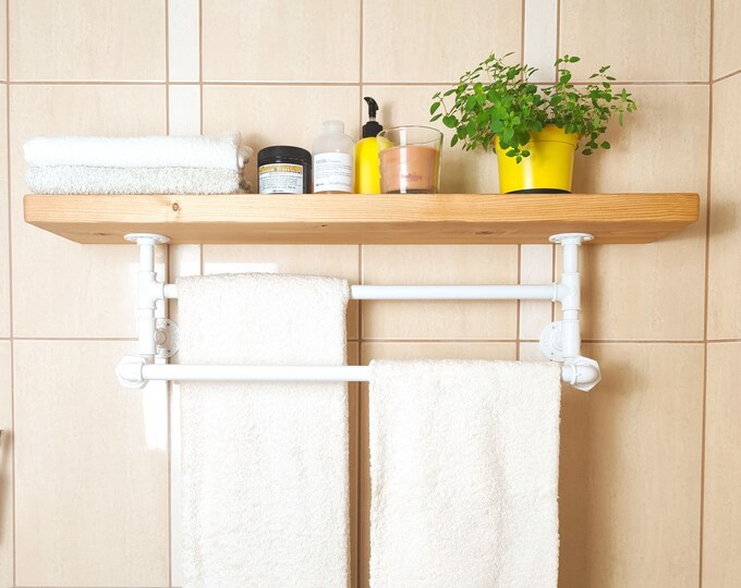 Towel Holder With Shelf, Bathroom Shelf With Two Towel Bar Holders, Industrial Bathroom Towel Bar, Rustic Floating Shelve Pipe Towel Rack
