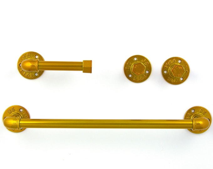 Steampunk Bathroom Accessories 4pcs Set, Includes Towel Rack, Two Towel Hooks, Toilet Paper Holder. Pipe Bathroom Set
