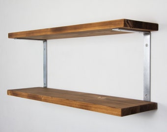 Double Shelf Brackets With Shelves - Silver Metallic Color - Industrial Shelf Brackets - Book Shelf Unit - Wall Mounted Shelf Brackets