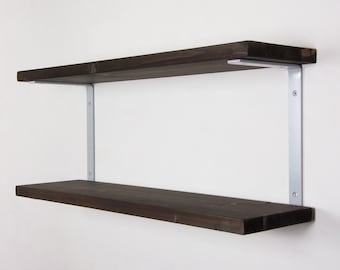 Double Shelf Brackets With Shelves - Light Gray Metallic Color - Industrial Shelf Brackets - Industrial Shelving