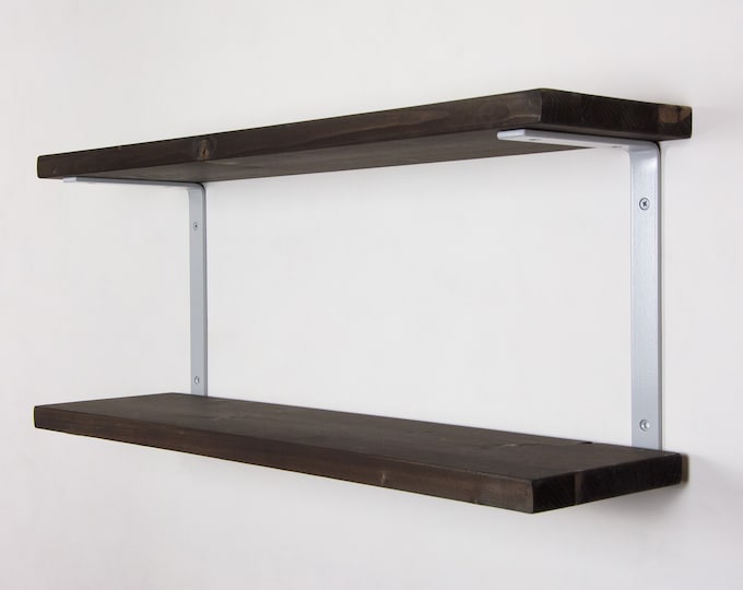 Double Shelf Brackets With Shelves - Light Gray Metallic Color - Industrial Shelf Brackets - Industrial Shelving